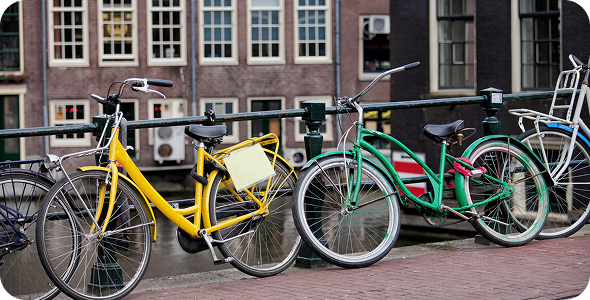 Colorful e-bikes parked together